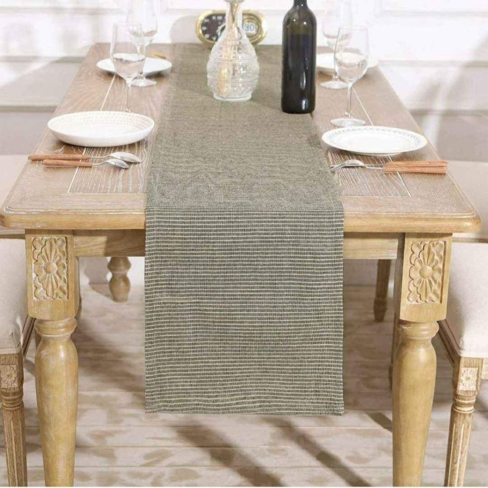 Grey Striped Linen Table Runner 13 x 95 Cloth Rustic Country Eco-Friendly New